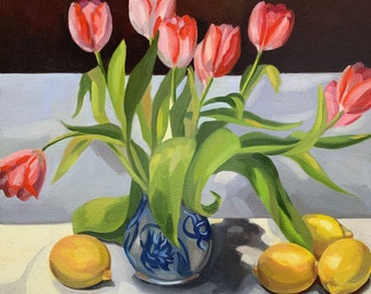 Tulipanes doblados con limones - Impresión de bellas artes de pintura al óleo original de bodegones
