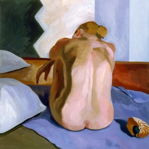 May include: A nude figure sits on a bed with a purple sheet and white pillows. The figure is facing away from the viewer, with their head bent down. A large seashell is on the bed next to the figure.