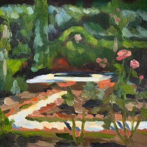 Dad&#39;s Rose Garden - painting, print, fine art, fountain, flowers, landscape