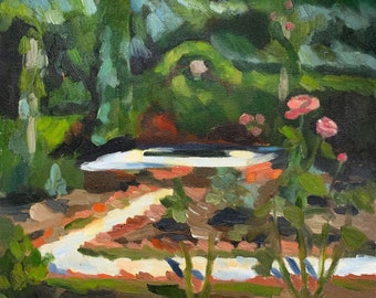 Dad's Rose Garden - painting, print, fine art, fountain, flowers, landscape