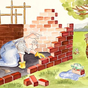 Los Tres Cerditos - Casa de Ladrillo-Ilustración infantil libro cuento acuarela impresión