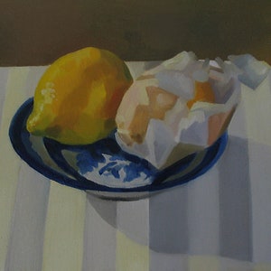 Wrapped Lemons on a Blue Dish - Fine Art Print from Still life oil painting