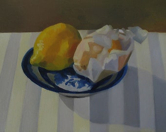 Wrapped Lemons on a Blue Dish - Fine Art Print from Still life oil painting