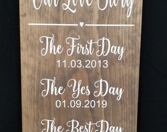 Our Love Story Wedding Date Sign Personalized with Names and Dates of Meeting, Engaged, and wedding date. Solid Wood 12 x 20 Custom made