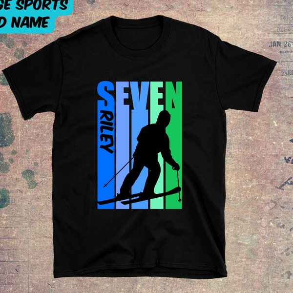 Kids Personalized 7th Birthday Ski Shirt - Boys 7 Today Skiing  TShirt Fully Customized With Name - Cool Retro Graphic Design