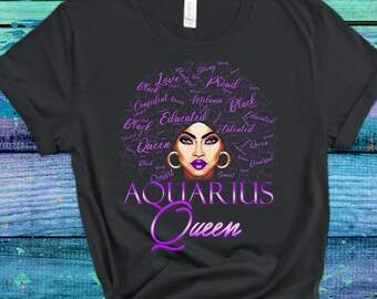 May include: A black t-shirt with a purple graphic of a woman's face surrounded by words like "Love", "Black", "Queen", "Educated", "Smart", and "Aquarius".