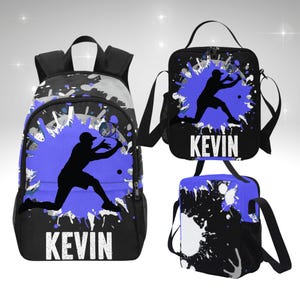 Sac à dos garçon pour tennis enfants, ensemble sac à dos de tennis personnalisé et boîte à lunch, sac à dos nom pour commencer l'école, cadeaux pour joueurs de tennis