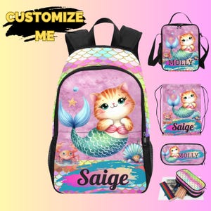 Sac à dos sirène chat personnalisé pour tout-petits, joli cartable pour la maternelle pour les enfants qui commencent l'école maternelle ou préscolaire, sac à dos rigolote chat pour enfants