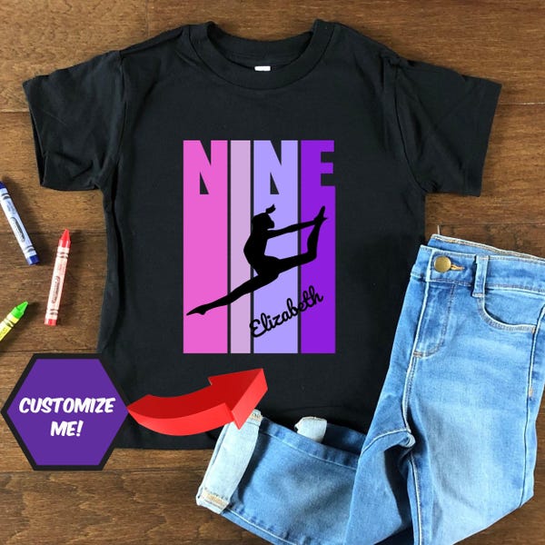 Girls 9th Personalized Birthday Shirt for Gymnastics - Customized Shirt For Gymnast With Name - Cool Gift for Gymnast Aged 9 - Ninth