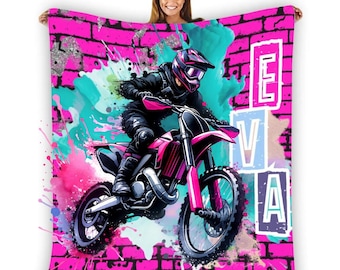 Custom Girls Dirt Bike Blanket With Name On, Dirt Biker Blankets, Dirt Bike Throws for Bed, Motocross Blankets for Kids, Dirtbike Gifts