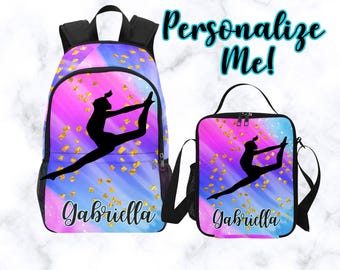 Personalized Gymnastics Backpack for Girls - Colorful Bag for Gymnast - Customized Backpack for Dancing With Matching Lunchbag Lunch Box