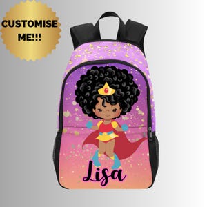 Sac à dos super-héros fille noire - Entièrement personnalisé - Sac à dos pour filles afro-américaines - Cartable pour filles noires - Sac à dos super-héros