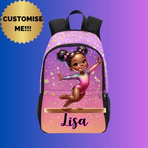 Sac à dos personnalisé de gymnastique afro-américaine pour fille, sac à dos tie-dye et sac à lunch assorti pour enfants, ensemble cartable noir pour gymnastes