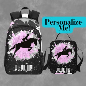 Sac à dos de saut d'obstacles personnalisé et sac à lunch assorti, cartable personnalisé pour cheval jockey adolescent, sac avec nom dessus, sac à dos