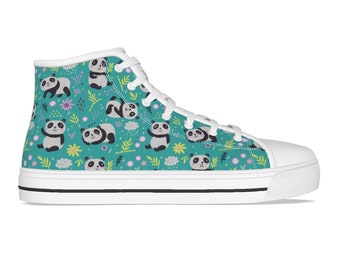 Kid's Panda High Top Sneakers, High Top Shoes for Kids With Panda Print, Gift for Animal Lover Girl, Girls Sneakers Kid's Canvas Shoes