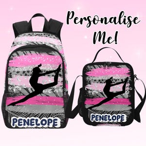 May include: A personalised backpack and lunch bag set. The set features a gymnast silhouette, pink and grey brushstrokes, and the name "Penelope." The text "Personalise Me!" is also visible.