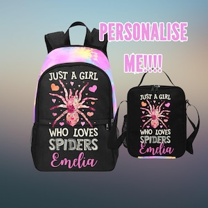 Just A Girl Who Loves Spiders Sac à dos pour fille, Sac à dos personnalisé avec nom pour les amateurs d'araignées, Sac araignée personnalisé pour cartables,