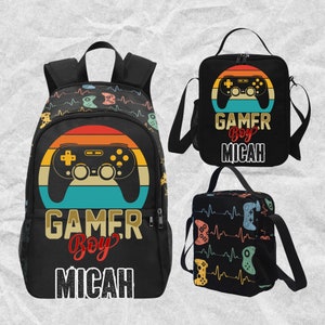 Personalized Gamer Boy Backpack, Customized Gaming Backpack With Name On, Gamer Boys Backpack for School Bag, matching Lunchbox Set