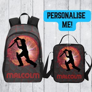 Sac à dos de cricket pour garçons avec prénom, sac à dos prénom pour garçons de cricket, sacs de sport pour la rentrée des classes, boîte à lunch assortie, cadeaux de cricket
