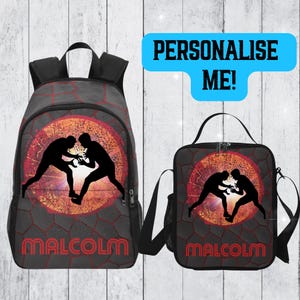 Sac à dos de lutte pour garçons avec nom, sac à dos nom pour lutteur garçons avec boîte à lunch assortie, sac d'école personnalisé cadeau de lutte