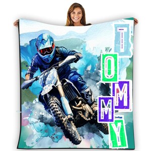 Dirtbike Fleece Blankets for Boys With Name on, Personalized Dirt Bike Blankets,  Gift for Biker Boys, Customable Motocross Gifts