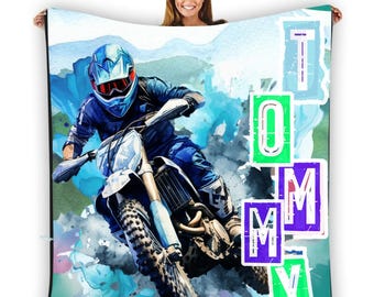 Dirtbike Fleece Blankets for Boys With Name on, Personalized Dirt Bike Blankets,  Gift for Biker Boys, Customable Motocross Gifts