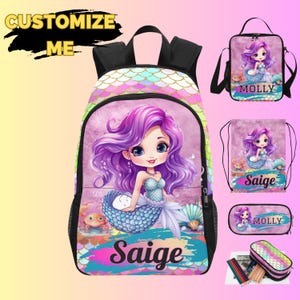 Sac à dos sirène violet, sac à lunch, ensemble trousse à crayons sirène et sac à cordon, mignons sacs à dos sirène pour jeunes filles entrant à l'école