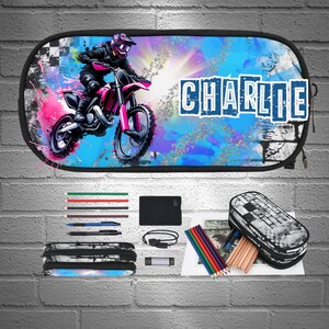 Étui à crayons pour motos tout-terrain pour filles, articles de papeterie pour motos tout-terrain personnalisés pour enfants, articles de papeterie pour la rentrée des classes pour enfants, école primaire