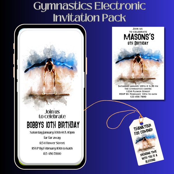 Editable Gymnastics Birthday Party Invitations For Boys, Teenagers Gymnastics Party Invite, Electronic Download Sports Themed Invite