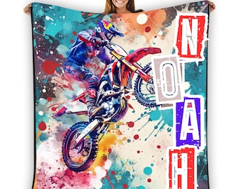 Custom Dirtbike Blankets for Boys, Young Boys Dirt bike Bedroom Decor, Blankets for Dirt Bikers, Customized Dirt Bike Gifts for Kids