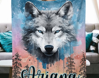Personalised Wolf Blanket for Women And Kids, Wolf Blankets for Wolf Moms, Customized Wolf Gift With Name On,  Custom Wolves Stuff Bedroom