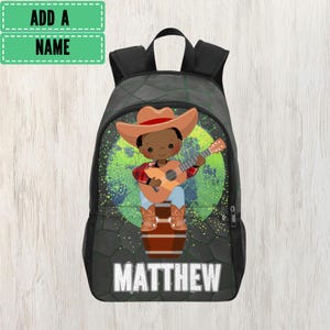 Sac à dos cowboy noir personnalisé, sac à dos country boy pour enfants, sac de rentrée pour cow-boys, comédie musicale noire pour enfants jouant de la guitare
