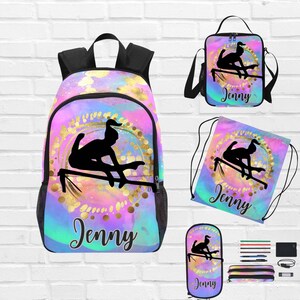 May include: A backpack, lunch bag, drawstring bag, pencil case, and pencil pouch set. Each item features a black silhouette of a gymnast on a balance beam, a gold circular design, and the name "Jenny" in a script font. The background has a watercolor effect with pink, blue, and yellow hues.