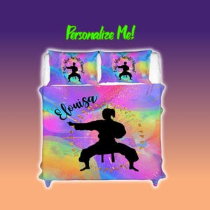 Personalized Girls Taekwondo Bed Cover , Customized Bed Set for Taekwondo Kids, Taekwondo Girls Duvet Set With Name Pillows, Martial Arts