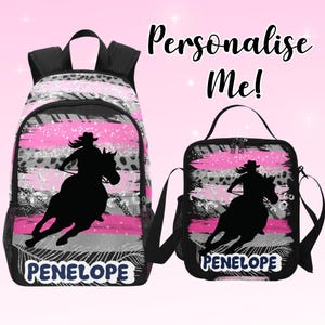 Sac à dos de rodéo personnalisé pour fille - Sac à dos de course de barils personnalisé avec nom - Cartable avec sac à lunch assorti, cartable cartable