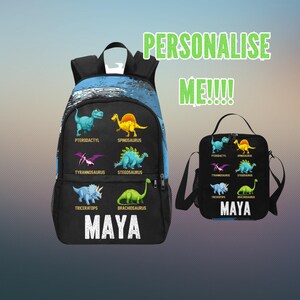 Sac à dos personnalisé races de dinosaures et sac à lunch assorti, cartable personnalisé pour enfants avec nom, cadeaux dinosaures pour la rentrée