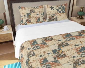 Retro Dirt Bike Bedding Set, Motocross Bedroom Decor