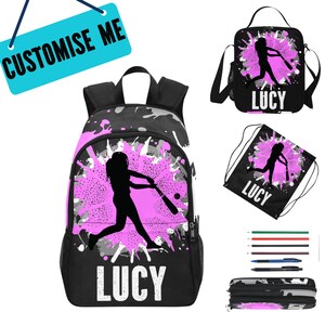 Sac à dos de baseball pour filles personnalisé avec nom - Sac de baseball personnalisé pour enfants pour l'entraînement - Sac de baseball avec sac à lunch assorti, cadeaux