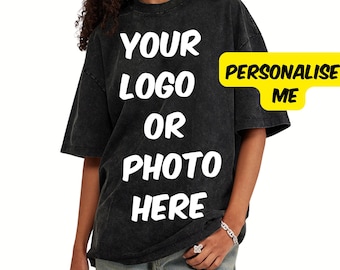 Women's Oversized Shirt With Business Logo, Personalized Text TShirt in Acid Wash Design,