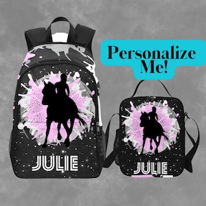 Sac à dos cheval personnalisé et sac à lunch assorti, cartable personnalisé pour cavaliers adolescents avec nom, sac pour enfants