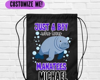 Bolsa con cordón "Just A Boy Who Loves Manatees" para la escuela, bolsa deportiva para niños que aman el océano.