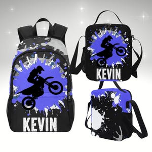 Sac à dos garçon pour enfant tout terrain, ensemble sac à dos tout-terrain et boîte à lunch personnalisés, sac à dos pour enfant avec boîte à lunch assortie pour motard enfant