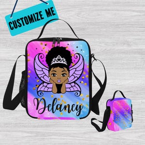 Gepersonaliseerde lunchbox voor zwarte meisjes - Afro-Amerikaanse lunchbox met prinses - lunchtas prinses - lunchtas Black Girl Fairy