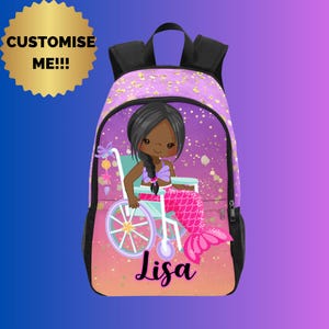Sac à dos personnalisé princesse noire en fauteuil roulant avec nom, cartable personnalisé pour tout-petits handicapés, sac à lunch assorti, à personnaliser