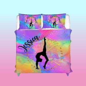 Gepersonaliseerde gymnastiekbeddengoed voor meisjes, aangepaste beddengoedset voor gymnasten, gymnastiekdekbedovertrek met naam plus kussens op maat
