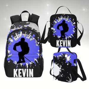 Sac à dos garçon pour hockey sur glace enfants, ensemble sac à dos hockey sur glace personnalisé et boîte à lunch, sac à dos pour enfants avec boîte à lunch assortie pour enfants sportifs