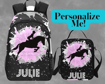 Customized Show Jumping Backpack And Matching Lunchbag, Personalized School Bag for Horse Jockey Teenagers Bag With Name on, Bag Pack