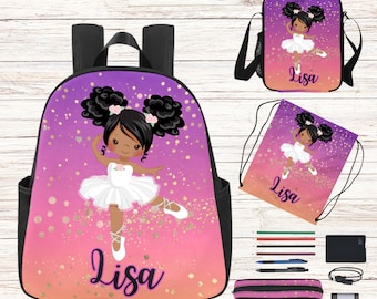 Personalised Backpack for Black Ballerina - Ballet Bag for Black Girl - African American Backpack for Ballerina - Matching Lunchbag School