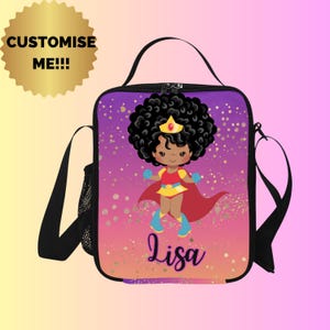 Boîte à lunch personnalisée super-héros fille noire Boîte à lunch afro-américaine avec héros afro - Porte-repas princesse - Cartable noir fierté