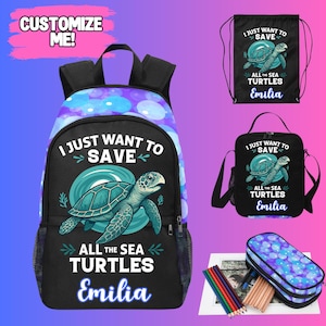 May include: A black backpack, drawstring bag, lunch bag, and pencil case featuring a sea turtle design. The text "I just want to save all the sea turtles" is displayed, along with the name "Emilia". The backpack has a purple and blue pattern.